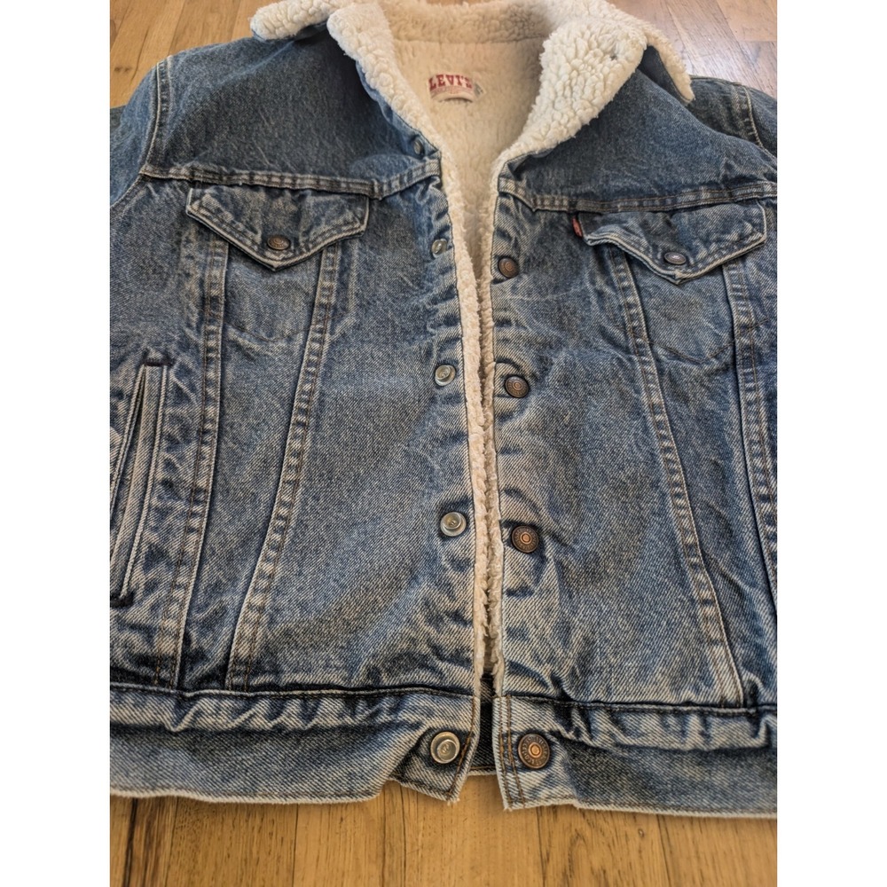 VTG 80s Levis Sherpa Lined Denim Trucker Jacket USA Made 70608 42R Streetwear - Picture 7 of 16